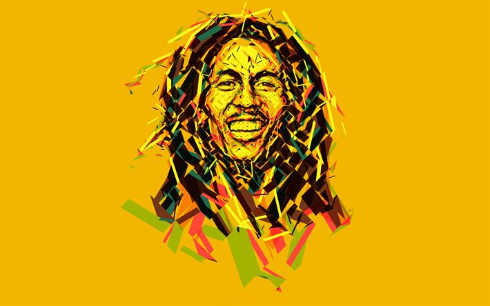 Bob Marley, 4k, musicista Giamaicano, art, minimal, sfondo giallo