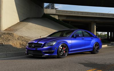 Mercedes-Benz CLS63 AMG, 2017, sport berlina, blu opaco CLS, ruote nere, CLS tuning, auto di lusso, Mercedes