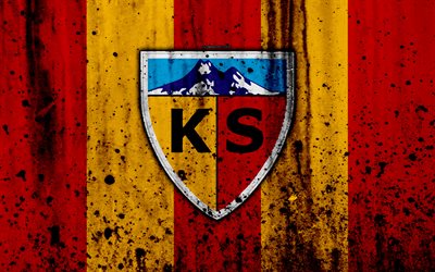 FC Kayserispor, 4k, Super Lig, logo, Turkey, soccer, football club, grunge, Kayserispor, art, stone texture, Kayserispor FC