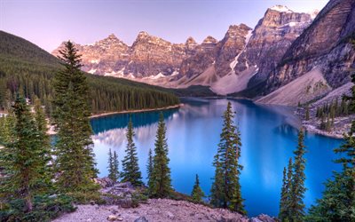 Banff, sunset, Moraine lake, 4k, Banff National Park, mountains, Canadian Rockies, Alberta, Canada