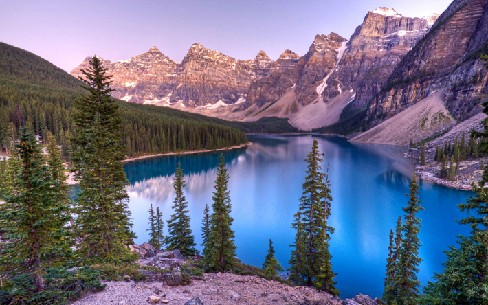 Banff, tramonto, lago Moraine, 4k, Banff Parco Nazionale, montagna, montagne Rocciose del canada, Alberta, Canada