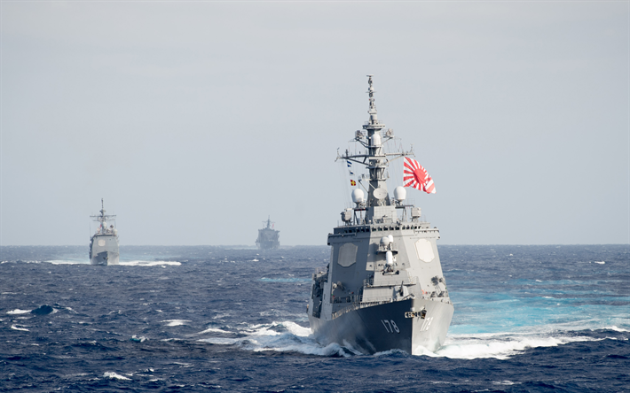 JS Ashigara, DDG-178, 4k, Japanska krigsfartyg, jagare, Atago klass, JMSDF, Japan Maritime Self-Defense Force, Flottan av Japan, Kejserliga Japanska flaggan