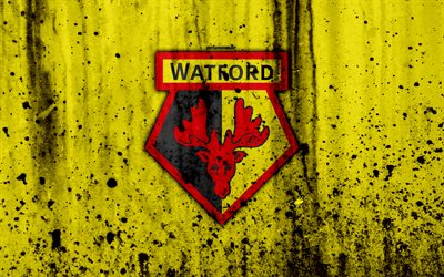 FC Watford, 4k, de la Liga Premier, logotipo, Inglaterra, f&#250;tbol, club de f&#250;tbol, el grunge, el Watford, el arte, la piedra, la textura, el Watford FC