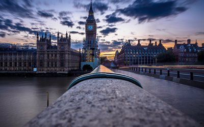 London, evening, Big Ben, reconstruction, chapel, Westminster Bridge, Thames, Great Britain, England