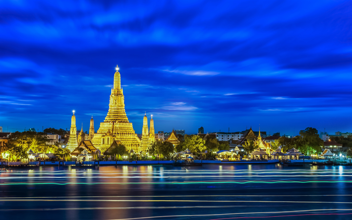 Bangkok, 4k, Temple of Dawn, buddhism, river Chauphraya, nightscapes, Thai landmarks, Asia, Thailand
