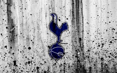 Tottenham Hotspur, 4k, Premier League, logo, Englanti, jalkapallo, football club, grunge, art, kivi rakenne, Tottenham Hotspur FC