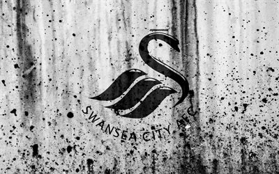 FC Swansea City, 4k, Premier League, logo, England, soccer, football club, grunge, Swansea City, art, stone texture, Swansea City FC
