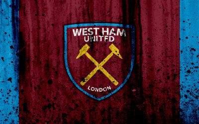 FC West Ham United, 4k, Premier League, logo, England, soccer, football club, grunge, West Ham United, art, stone texture, West Ham United FC