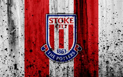 FC Stoke, 4k, Premier League, logo, Englanti, jalkapallo, football club, grunge, Stoke, art, kivi rakenne, Stoke City FC