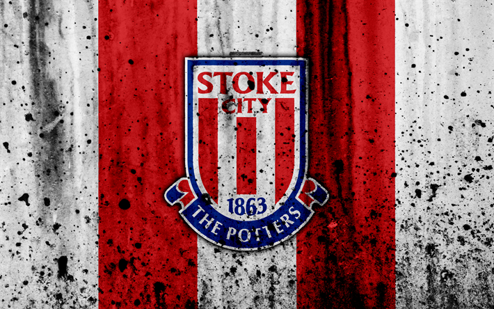Stoke City FC, 4k, Premier League, logotyp, England, fotboll, football club, grunge, Stoke City, konst, sten struktur