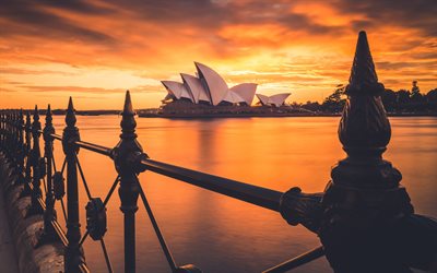 4k, Sydney Opera House, stadsbilder, sunset, australiska landm&#228;rken, Sydney, Australien