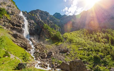 waterfall, mountains, rocks, summer, mountain slopes, mountain river, blue sky