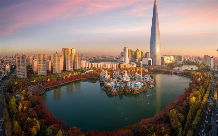 Seoul, Lotte World Tower, skyscraper, 123 floors, modern buildings, park, lake, South Korea, Lotte World