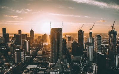 4k, Melbourne, moderna byggnader, stadsbilder, sunset, Australien