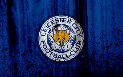 FC Leicester City, 4k, Premier League, logo, Inghilterra, il calcio, il football club, grunge, Leicester City, arte, pietra, texture, Leicester City FC