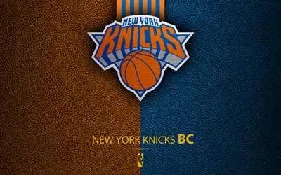 New York Knicks, 4K, logo, basketball club, NBA, basketball, emblem, leather texture, National Basketball Association, New York, USA, Atlantic Division, Eastern Conference