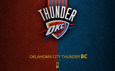 Oklahoma City Thunder, 4K, logo, basketball club, NBA, basketball, emblem, leather texture, National Basketball Association, Oklahoma, USA, Northwest Division, Western Conference