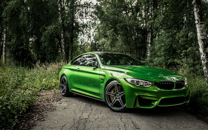 BMW M4, 森林, 4k, 2018両, F82, ウ, 緑M4, BMW