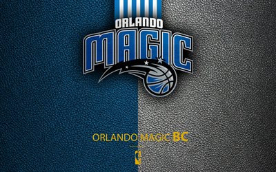 Orlando Magic 4k, logo, club de basket-ball, NBA, basket-ball, de l&#39;embl&#232;me, du cuir &#224; la texture, de la National Basketball Association, Orlando, Floride, etats-unis, au Sud-est de la Division, de Conf&#233;rence est