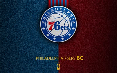 Philadelphia 76ers, 4K, logo, basketball club, NBA, basketball, emblem, leather texture, National Basketball Association, Philadelphia, Pennsylvania, USA, Atlantic Division, Eastern Conference