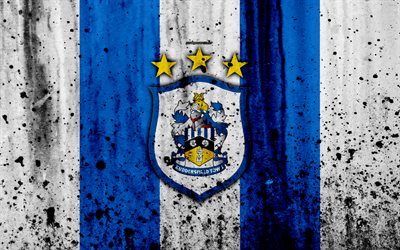 Huddersfield Town FC, 4k, Premier League, logotyp, England, fotboll, football club, grunge, Huddersfield Town, konst, sten struktur