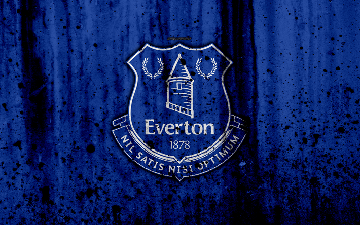 FC Everton, 4k, Premier League, logo, England, soccer, football club, grunge, Everton, art, stone texture, Everton FC