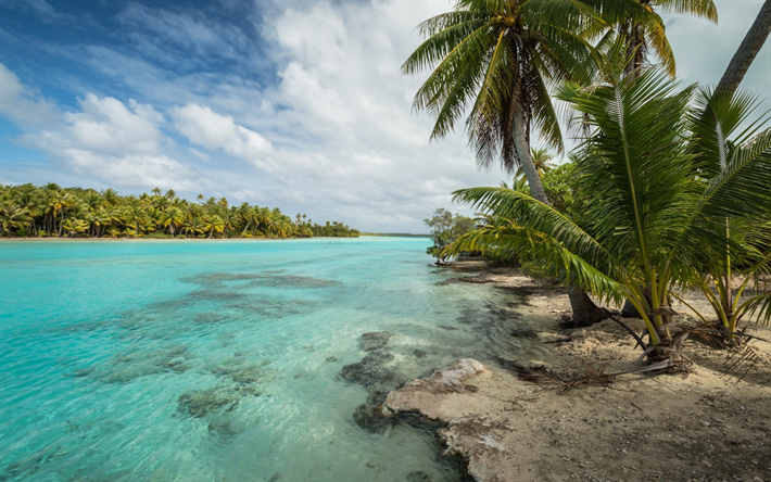 trooppisia saaria, ocean, taivaansininen laguuni, Bora Bora, meri, aallot, palmuja