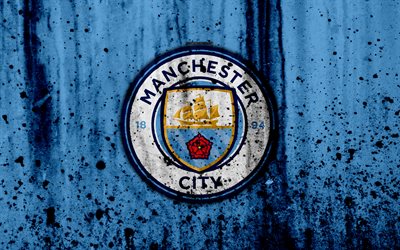 FC Manchester City, 4k, Premier League, new logo, England, soccer, football club, Man City, grunge, Manchester City, art, stone texture, Manchester City FC