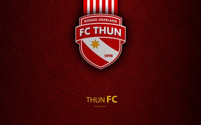thun fc, 4k, fu&#223;ball-club, leder textur, thun logo, emblem, schweizer super league, thun, schweiz, fu&#223;ball