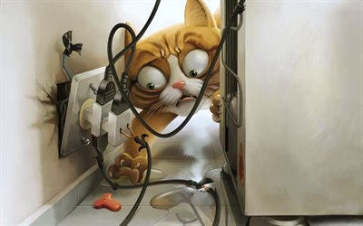 cat, refrigerator, sockets, electricity, funny characters