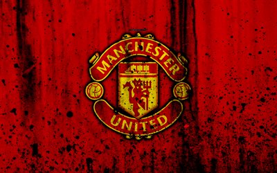 FC Manchester United, 4k, de la Liga Premier, MU, el logotipo, Los Artilleros, Inglaterra, f&#250;tbol, club de f&#250;tbol, el grunge, el Manchester United, el arte, la piedra, la textura, el Manchester United FC