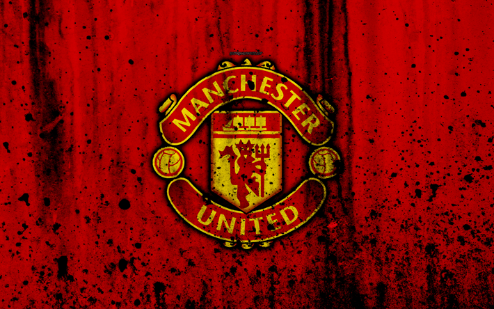 FC Manchester United, 4k, Premier League, MU, logo, The Gunners, England, soccer, football club, grunge, Manchester United, art, stone texture, Manchester United FC