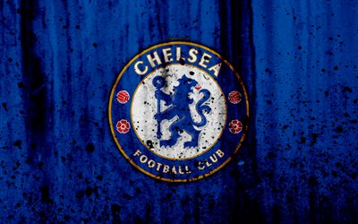 Chelsea FC, 4k, Premier League, logotyp, England, fotboll, football club, grunge, Chelsea, konst, sten struktur
