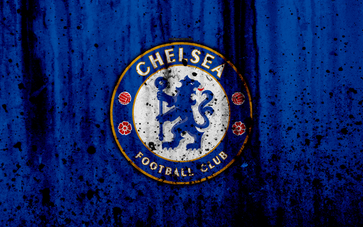 Le FC Chelsea, 4k, Premier League, le logo, l&#39;Angleterre, le football, club de football, grunge, Chelsea, l&#39;art, la texture de pierre, Chelsea FC