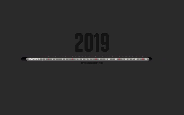 2019 كانون الأول / ديسمبر التقويم, أنيق أسود التقويم, كانون الأول / ديسمبر 2019, خلفية رمادية, تقويم شهر, كانون الأول / ديسمبر 2019 الأرقام في سطر واحد, كانون الأول / ديسمبر 2019 التقويم