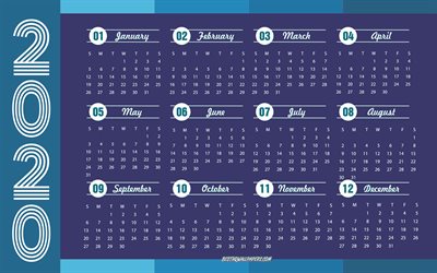 Blue 2020 Calendar, 12 months 2020 calendar, abstract background, 2020 concepts, New Year 2020, all months, 2020 calendar