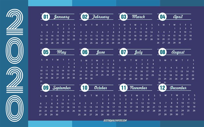 Sininen 2020 Kalenteri, 12 kuukautta 2020 kalenteri, abstrakti tausta, 2020 k&#228;sitteit&#228;, Uusi Vuosi 2020, kaikki kuukautta, 2020 kalenteri