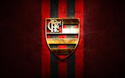Flamengo FC, golden logo, Serie A, red metal background, football, CR Flamengo, brazilian football club, Flamengo FC logo, soccer, Brazil