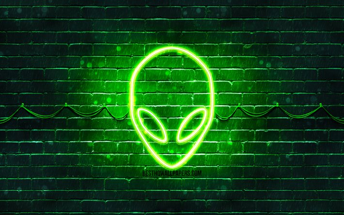 Alienware logo vert, 4k, vert brickwall, Alienware logo, marques, Alienware n&#233;on logo Alienware