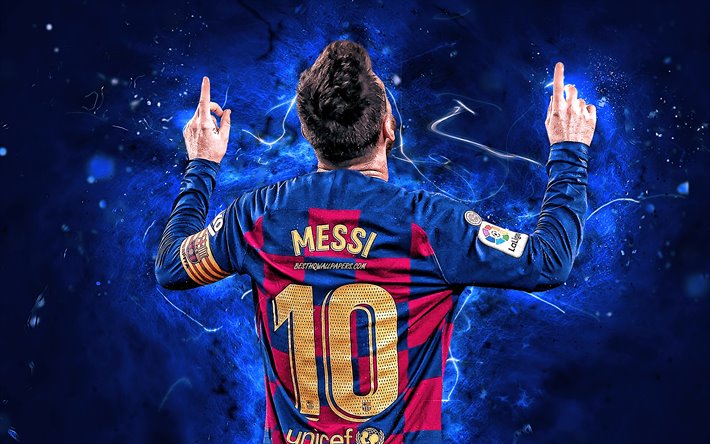 Lionel Messi, 2019, Barcelona FC, argentinian footballers, back view, FCB, football stars, La Liga, Messi, Leo Messi, LaLiga, Spain, neon lights, Barca, soccer