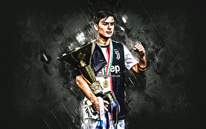 Paulo Dybala, Juventus FC, Argentinean footballer, Dybala with a Gold Cup, Italy, football, gray creative background