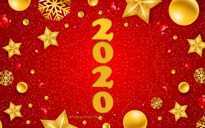 Happy New Year 2020, Red christmas background, 2020 Christmas background, 2020 concepts, golden christmas decoration, Christmas
