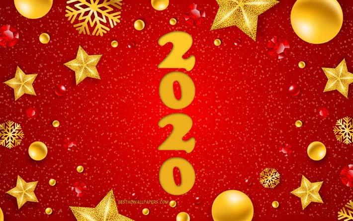 2020 mutlu Yeni Yıl, Kırmızı, Noel arka plan, Noel arka plan 2020, 2020 kavramlar, altın Noel dekorasyon, Noel