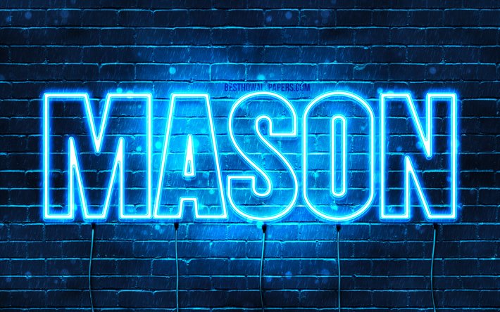 Mason, 4k, isim Mason ismi ile, yatay metin, Mason adı, mavi neon ışıkları, resimli duvar kağıtları