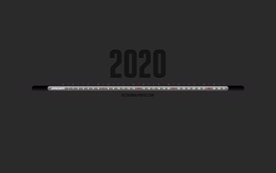 2020年までの月のカレンダー, お洒落な黒いカレンダー, 日2020年, グレー背景, 月間カレンダー, 日2020年までの数字を一線, 日2020年のカレンダー