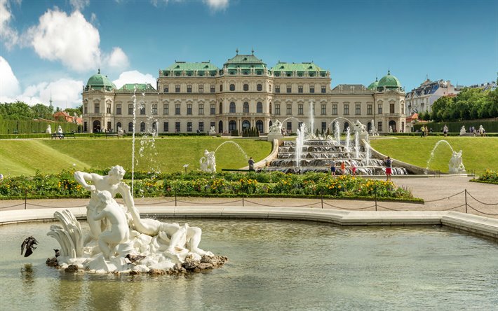 Belvedere Palace, font&#228;nen, vackra palats, landm&#228;rke, sommar, Wien, &#214;sterrike
