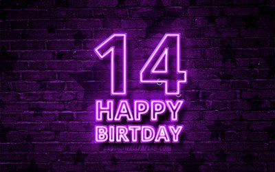 Happy 14 Years Birthday, 4k, violet neon text, 14th Birthday Party, violet brickwall, Happy 14th birthday, Birthday concept, Birthday Party, 14th Birthday