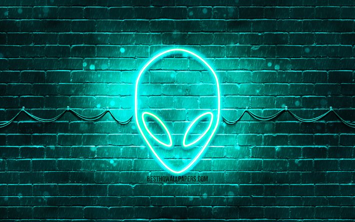 Alienwareターコイズブルーロゴ, 4k, ターコイズブルー brickwall, Alienwareロゴ, ブランド, Alienwareネオンのロゴ, Alienware