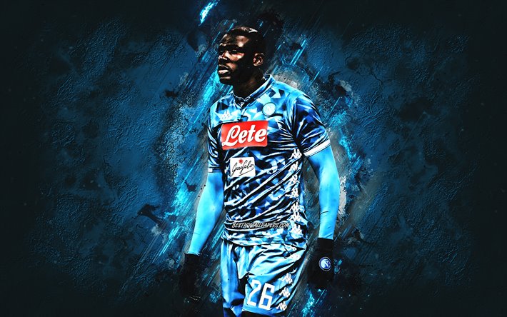 Kalidou Koulibaly, Senegalese footballer, SSC Napoli, Serie A, football, blue stone background, Italy