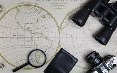 World map, binoculars, travel concepts, retro world map, continents, Earth map